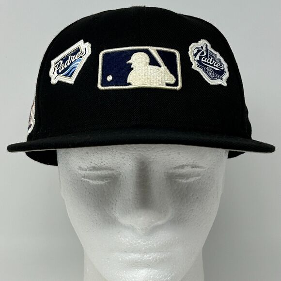 San Diego SD Padres Hat Baseball Cap Fitted 7 5/8 New Era Logo History Black - Picture 2 of 12